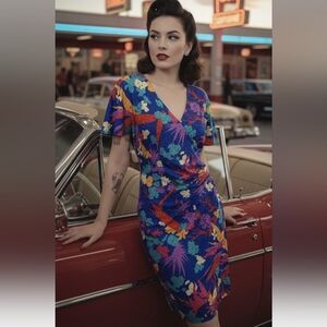 Vintage Blue Floral Printed Ruched V-neck Faux Wrap Dress Size 10